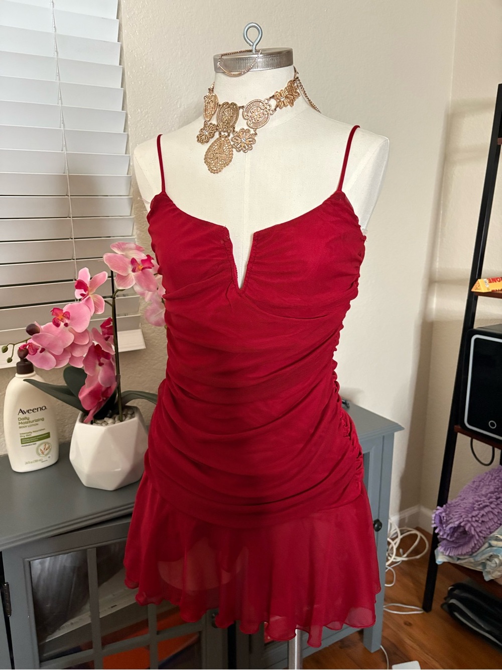 Red Spaghetti-Strap Ruched Mini Dress - Picture 2 of 5